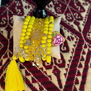 Yellow Beaded Bracelet Set with Gold Charms